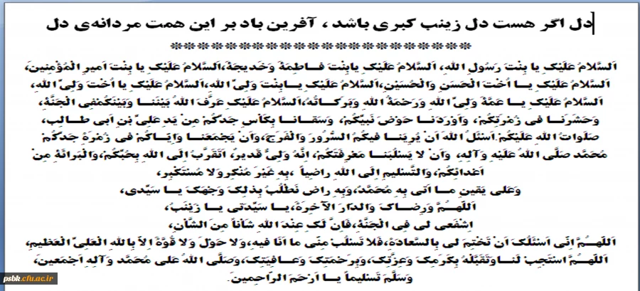 السلام علیک یا زینب کبری
زینب اگر نبود، کسی فاطمی نبود
زینب اگر نبود، کسی مرتضی نداشت
زینب اگر نبود، حسینی نمی شدیم
زینب اگر نبود، زمین کربلا نداشت

زینب هرآنچه گفت، تماماً حسین بود
اصلا به غیر نام حسین اعتنا نداشت
زینب اگر نبود، مسلمان نداشتیم